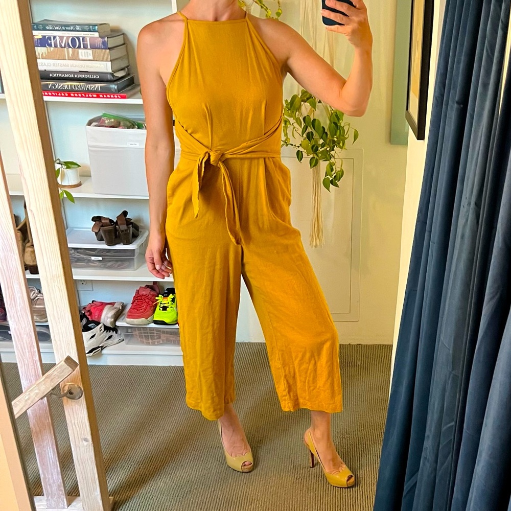 Mustard yellow crop-leg open-back linen romper